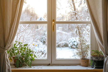 White tall window sill with winter garden on background, copy spaceの素材