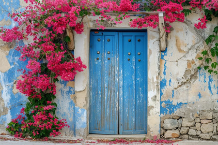 Weathered blue door and bougainvillea flowers on Crete streetの素材
