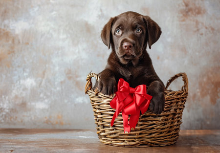Cute brown labrador puppy with red bow in basket, rustic brick wall on background. National Puppy Dayの素材