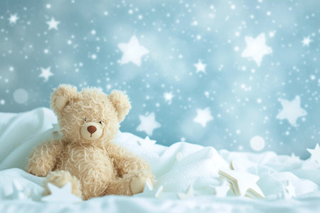 Baby shower party invitation with little teddy bear, pastel blue white starry backgroundの素材