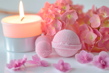 Orange pink bath bombs with hortensia on white table, spa arrangement with lit candleの素材