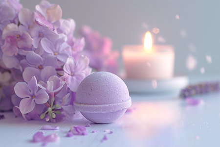 Lavender bath bombs with hortensia on white table, spa arrangement with lit candleの素材