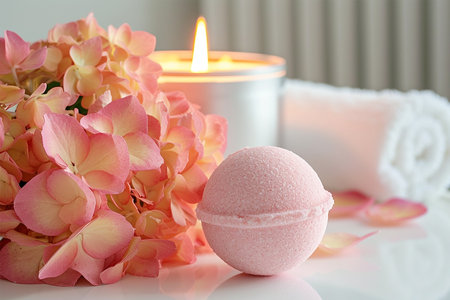 Orange pink bath bombs with hortensia on white table, spa arrangement with lit candleの素材
