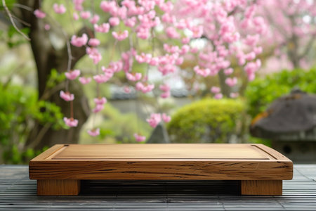 Weathered wooden product display, Japanese sakura garden on backgroundの素材