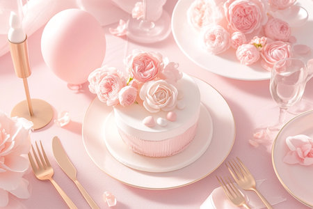Baby shower party cake, pastel pink white backgroundの素材