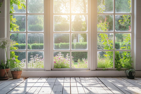 White tall window sill with summer garden on background, copy spaceの素材