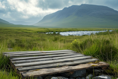 Weathered wooden product display, Irish highlands on backgroundの素材
