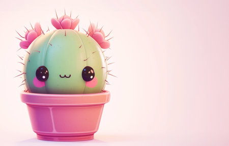 Cute kawaii cactus with eyes in pot. Cartoon 3d style on beige background with copy spaceの素材