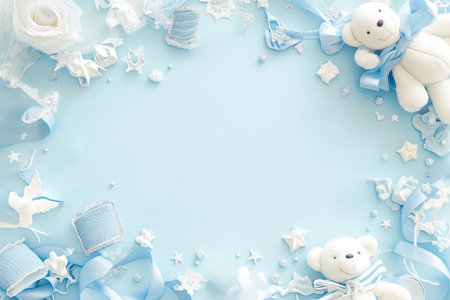 Baby shower party invitation with little teddy bear, pastel blue white backgroundの素材