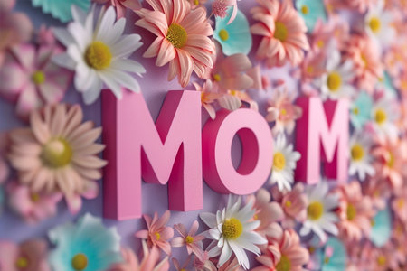 Happy Mother's Day greeting card and beautiful pink flowers and birds on colorful backgroundの素材