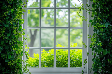 White tall window sill with summer garden on background, copy spaceの素材