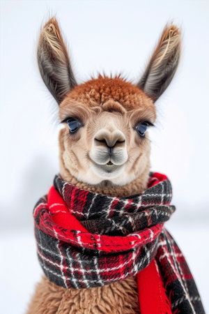 Closeup portrait of cute alpaca in plaid scarf in winter, greeting cardの素材