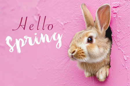 Cute baby Easter rabbit sitting on pink wall with copy space, pastel colored eggsの素材