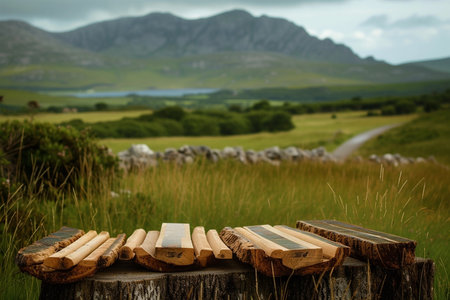 Weathered wooden product display, Irish highlands on backgroundの素材