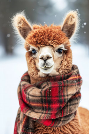 Closeup portrait of cute alpaca in plaid scarf in winter, greeting cardの素材