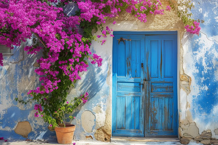 Weathered blue door and bougainvillea flowers on Crete streetの素材