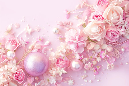 Baby shower party invitation with copy space, pastel pink white backgroundの素材