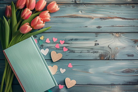 Spring tulips bouquet with empty note on rustic wooden background, copy space for textの素材