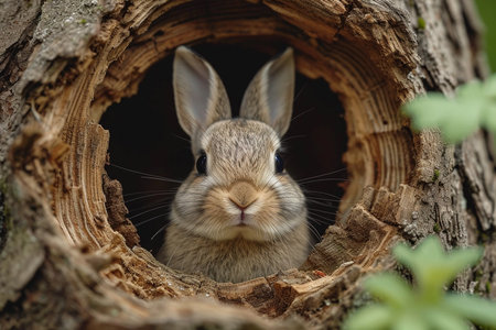 Cute baby Easter rabbit peeping from stump in spring forestの素材