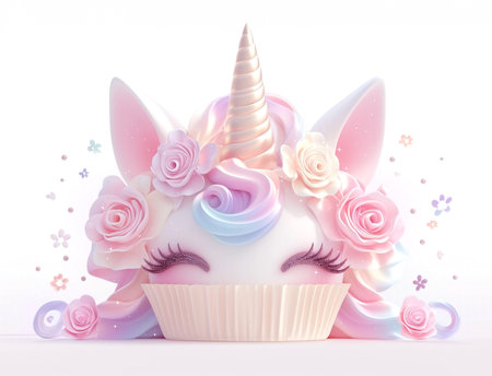 Cute unicorn cupcake drawing on pastel background, greeting card in kawaii styleの素材