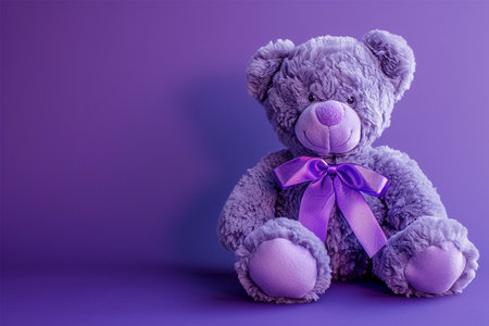 Teddy bear with purple ribbon. Epilepsy awareness day, copy spaceの素材