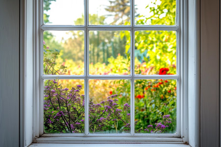 White tall window sill with summer garden on background, copy spaceの素材