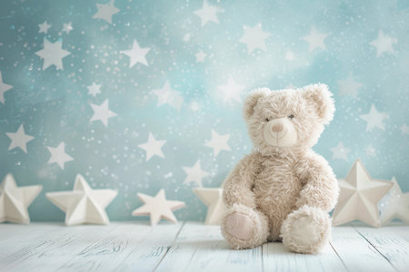 Baby shower party invitation with little teddy bear, pastel blue white starry backgroundの素材
