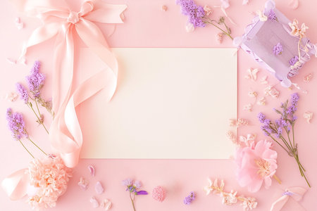 Baby shower party invitation with copy space, pastel pink white backgroundの素材