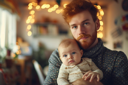 Ginger handsome young father with baby in his hands in home office, working on computerの素材