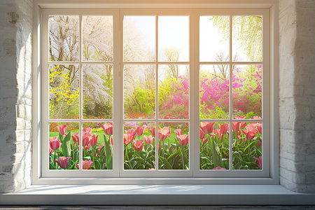 White tall window sill with spring garden on background, copy spaceの素材