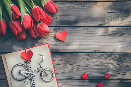Spring tulips bouquet with empty note on rustic wooden background, copy space for textの素材