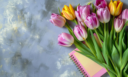 Spring tulips bouquet with colorful note on rustic wooden background, copy space for textの素材