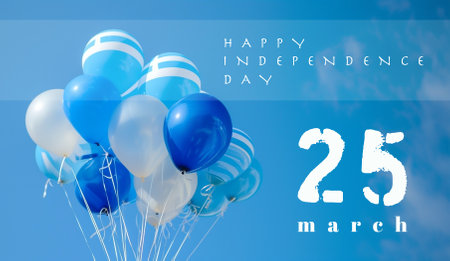 Greece Independence Day, balloons with national flag waving in sky. March 25thの素材