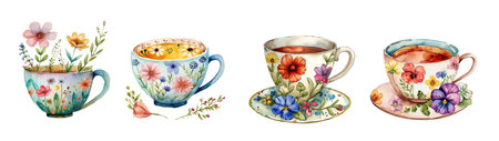 Cartoon colorful watercolor tea cups, isolated on white backgroundの素材