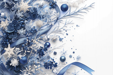 Christmas blue background with white balls. Holiday abstract backgroundの素材