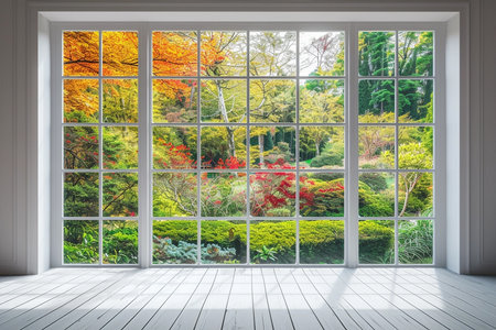 White tall window sill with autumn garden on background, copy spaceの素材