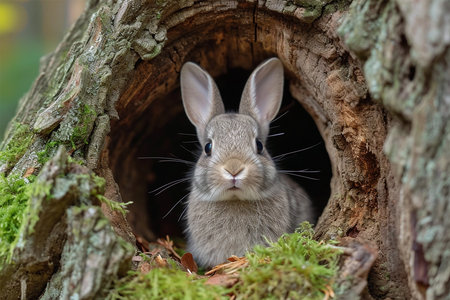 Cute baby Easter rabbit peeping from stump in spring forestの素材