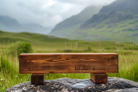 Weathered wooden product display, Irish highlands on backgroundの素材