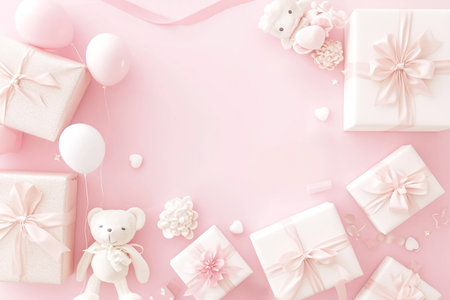 Baby shower party invitation with copy space, pastel pink white backgroundの素材