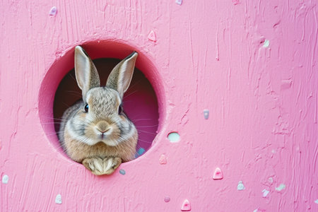 Cute baby Easter rabbit sitting on pink wall with copy space, pastel colored eggsの素材