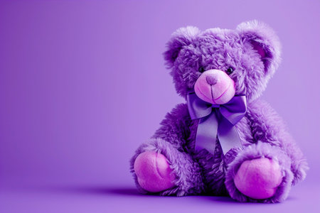 Teddy bear with purple ribbon. Epilepsy awareness day, copy spaceの素材