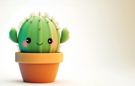 Cute kawaii cactus with eyes in pot. Cartoon 3d style on beige background with copy spaceの素材