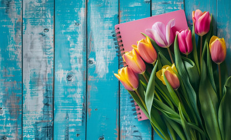 Spring tulips bouquet with colorful note on rustic wooden background, copy space for textの素材