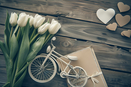 Spring tulips bouquet with empty note on rustic wooden background, copy space for textの素材
