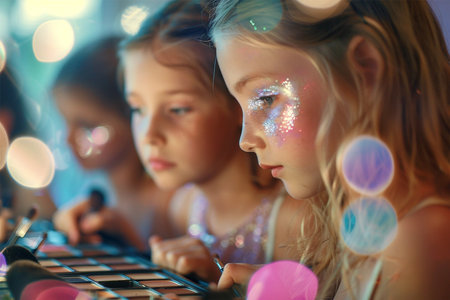 Young girls making mermaid makeup for party, beautiful lightningの素材