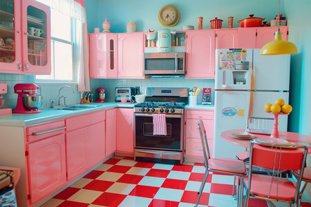 Retro toy kitchen in pastel cute colors, shabby chic vintage styleの素材