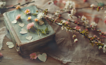 Old vintage diary on rustic wooden background with spring blossom, copy space for textの素材
