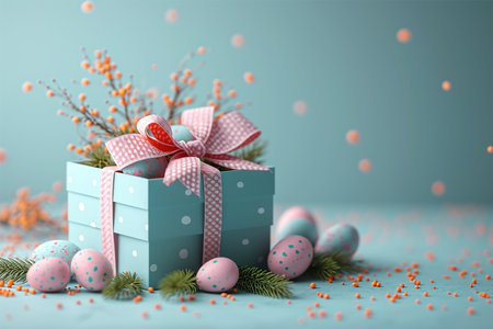 Blue pink Easter eggs in gift box on pastel background. Greeting card or bannerの素材