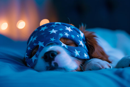 Cute puppy sleeping in bed and wearing blue with stars sleeping mask, night lamp on background. World Sleep Dayの素材