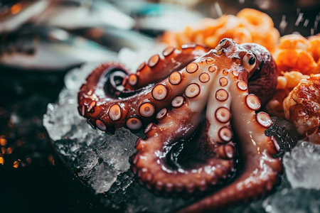 Fresh raw octopus on ice with fish and sea food. Top viewの素材